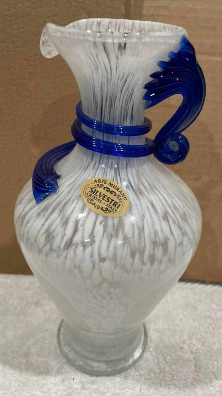 VINTAGE ARTE MURANO SILVESTRI CRISTAL - ITALY CRYSTAL HANDLED VASE COLBALT BLUE