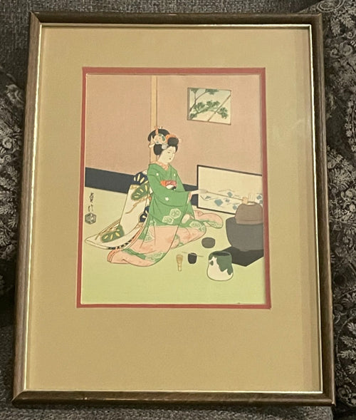 VINTAGE HASEGAWA SADANOBU III JAPANESE ART PRINT KYO-MAIKO "TEA CEREMONY"