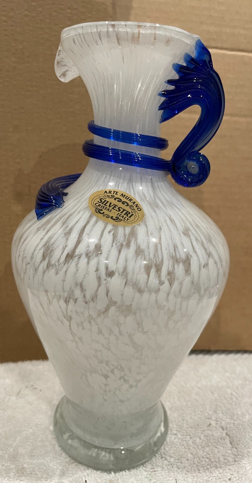 VINTAGE ARTE MURANO SILVESTRI CRISTAL - ITALY CRYSTAL HANDLED VASE COLBALT BLUE
